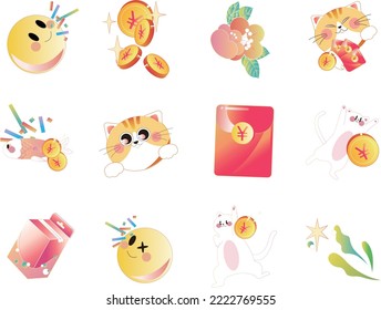 Very realistic product rendering icons album collection with 12 cartoon illustrations of smiley faces, gold coins, flowers, cats, red envelopes, washing machines, flowers