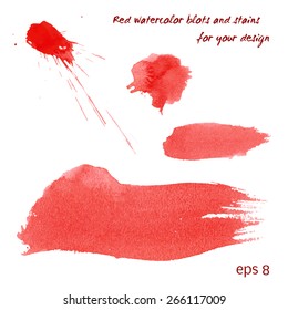 Very realistic vector brush strokes, splashes and stains watercolor in red colors on a white background.