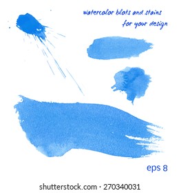 Very realistic vector brush strokes, splashes and stains watercolor in blue colors on a white background.