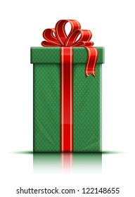 Very realistic vector illustration of green gift box with ribbon and bow