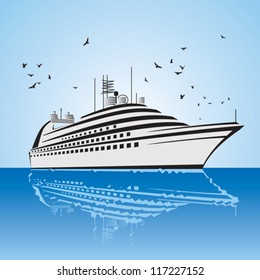 a very realistic view of Cruise Ship, similar to the Freedom of the Sea ship. Sailing out at sea.