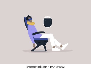 A Very Relaxed Male Black Character Sleeping Onboard, Travel Concept, A Neck Pillow And A Mask For Comfortable Rest During The Flight