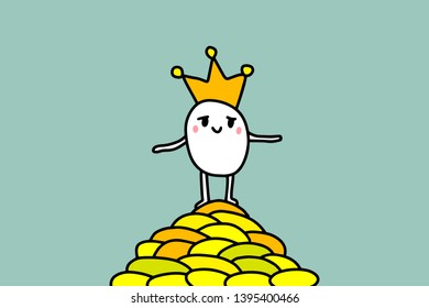 Very rich cartoon king hand drawn illustration. Stanging on a mountain of golden money. Minimalism vector. Yellow and grey