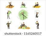 Very Rich Man Bathing In His Money, Happy Millionaire Magnate Male Character Series Of Illustrations