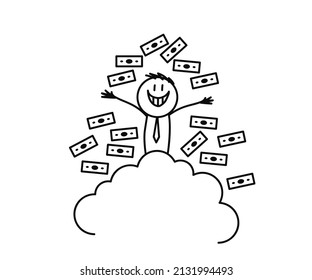A very rich man and a mountain of money. Sketch. Vector illustration.