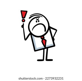 Very rude boss in an office suit scolds his subordinates severely. Vector illustration of unhappy businessman attracting attention with an exclamation.