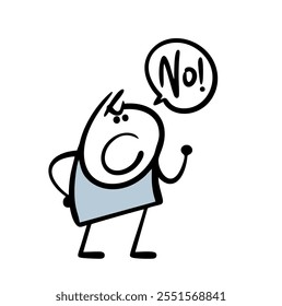 Very rude stickman clenched his fists and categorically screams the word no. Vector illustration of a formidable man for comics. Isolated cartoon boy on white background.