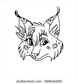 The very sad cartoon lynx isolated on white background. Vector stock illustration. Coloring pages for adults.
