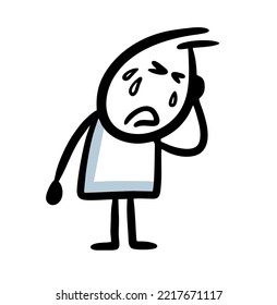 Very sad  cartoon stickman crying with tears. Vector illustration of man in blues and troubles.