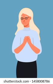 	
Very sad or depressed young woman. Concept of quilt, accusation, prayer, pleading, experiencing negative emotions, suffering, unhappy life. Flat cartoon vector illustration.