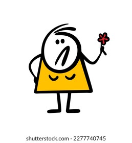 Very sad fat woman gets alone wild flower for her birthday. Vector illustration of unhappy stick figure girl and red flower from the garden.