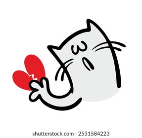 Very sad kitten holds a broken heart in his hand. Vector illustration of a cat crying about unhappy love. Isolated doodle animal on white background in flat style.