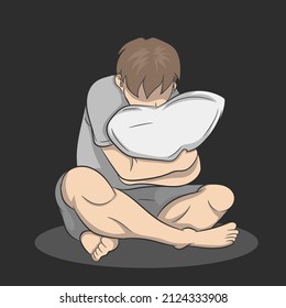 Very sad man sitting alone on black background, Depressed young man sitting.