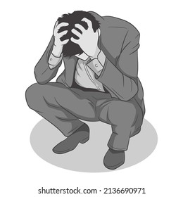 Very sad man sitting alone on white background, Depressed young man sitting. Businessman