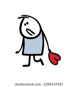 Very sad peron walking and holding big heart toy. Vector illustration of upset romantic lover.