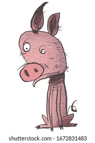 Very Sad Piglet. Comic Character. Vector Illustration