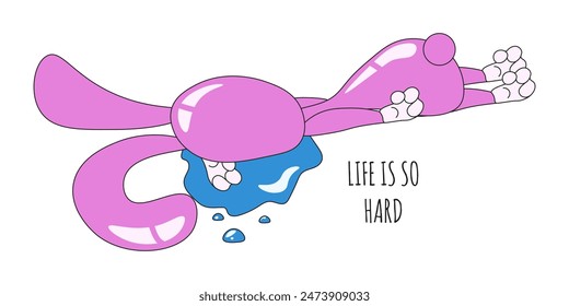 Very sad Pink Bunny and inscription isolated white background. Life is so Hard concept. Vector design t-shirt print, humor postcard, web and social media. Editable stroke. EPS 10