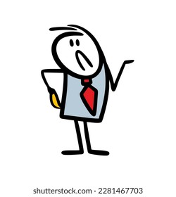 Very sad stickman businessman shows an empty pocket and lack of money. Vector illustration of a character in business office suit and financial problems.