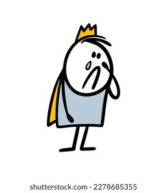 Very sad stickman prince with crown crying about love. Vector illustration of depressive lid in royal costume on the stage of theatre.