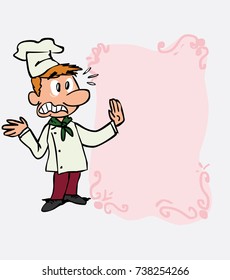 Very scared white chef. Is showing, as if he were in front of a blackboard, the data you want.
