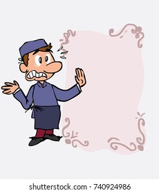 Very scared white chef. Is showing, as if he were in front of a blackboard, the data you want.
