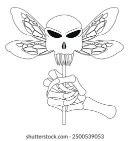 Very scary tattoo design with skull and dead hand. Dead butterfly isolated white background. Horror simple sketch style Halloween vector concept can used t-shirt print, postcard poster cover design. 