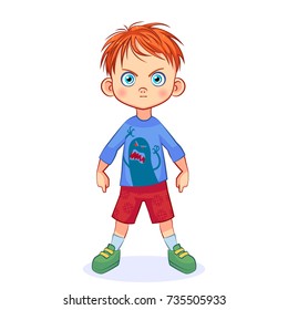 Very serious boy with an evil monster on a T-shirt. Cutout vector illustration for kids.