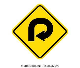 Very Sharp Curve Ahead Warning Sign Featuring a Yellow Diamond Shape with Black Arrow, Indicating an Upcoming Very Sharp Curve, Available as a Vector File