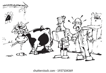 A very sick cow, a man reading a book and an angry farmer.