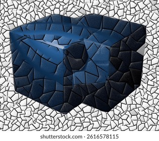 Very simple 3d cube in mosaic pattern with dark blue color, isolated on fragmented background. 22 April 2025. Malang City, East Java, Indonesia.