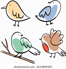 Very simple bird illustration icons with pastel colours. Hand drawn doodles.