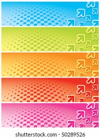 Very simple and eye catching arrow background banner, presented in five different colors. Vector illustration with CMYK global colors.