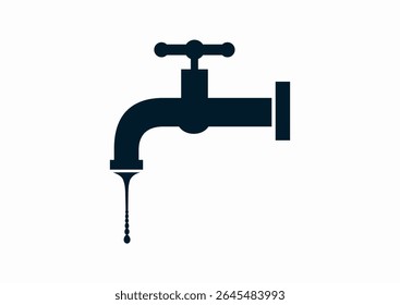 Very simple flat and single minimalist illustration of classic water tap with thin trickle of water, black and white vector silhouette of dripping faucet icon. Image pictogram, logo, sticker, poster