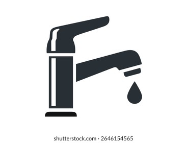 Very simple flat and single minimalist illustration of water tap with joystick control, black and white vector silhouette of dripping faucet icon isolated on white background. Image pictogram, logo