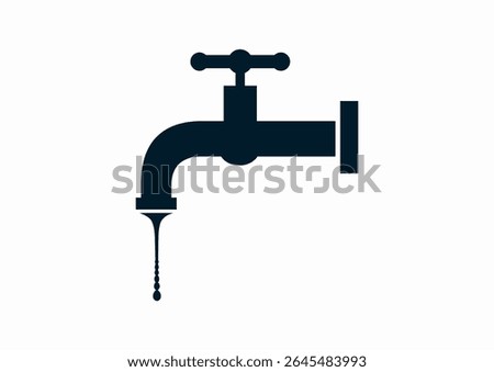 Very simple flat and single minimalist illustration of classic water tap with thin trickle of water, black and white vector silhouette of dripping faucet icon. Image pictogram, logo, sticker, poster