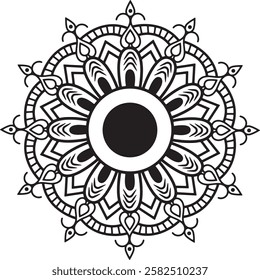 very simple, mandala pattern, black and white, in the style of clip art design.