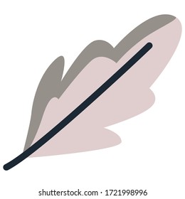 Very simple minimalist gray feather icon with shadow. Vector clip art for autumn, boho chic or native American themes. Nordic scandinavian style leave. Isolated symbol, transparent background for kids