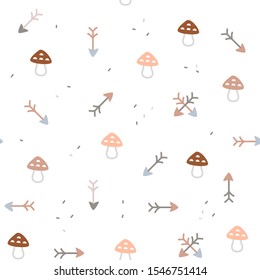 Very simple minimalist seamless pattern. Vector illustration with toadstool mushrooms and arrows in Scandinavian Nordic style for kids and nursery. Digital paper in pastel colors with forest elements