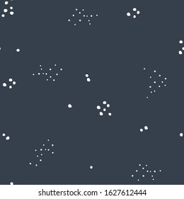 Very simple minimalist seamless pattern with winter snow or stardust in scandinavian Nordic style for baby nursery. Vector digital paper with white drops and dark blue background for night themes
