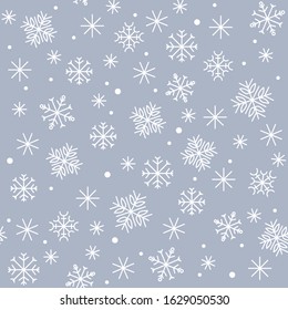 Very simple minimalist seamless pattern with winter snowflakes. Cute Nordic scandinavian digital paper with thin lines white objects on blue background. Frozen winter bright snow art