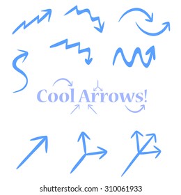Very simple tracery handmade arrows, maybe used for infographics or business. Single, double, triple arrow, up arrow, down, twisted, pointer.