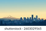 A very simple vector-style illustration of the Portland, Oregon skyline at sunrise. The city buildings are depicted in layered shades of blue, forming a clean silhouette against a soft pastel sky