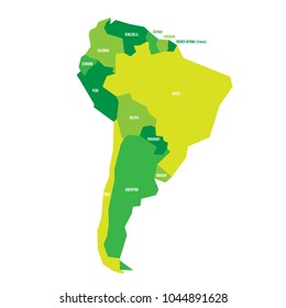 Very simplified infographical political map of South America in green colors. Simple geometric vector illustration.