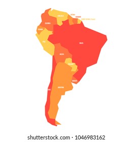 Very simplified infographical political map of South America in orange colors. Simple geometric vector illustration.