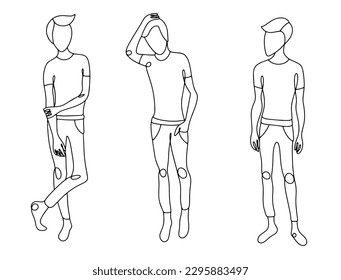 Very skinny guy model. The guy is sick with anorexia nervosa. Three characters. Eating disorder. World Eating Disorders Action Day. One line drawing for different uses. Vector illustration.
