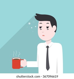 very sleepy and tired business man, holding a coffee mug. Vector illustration