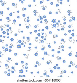 Very small blue flowers with gray leaves. Seamless pattern repeat. 