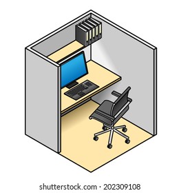 A Very Small Office Cubicle With A Computer, Some File Binders, And A Chair.