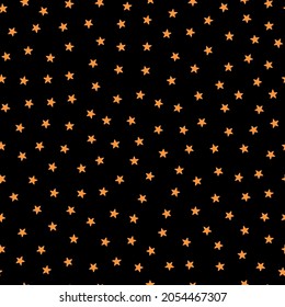 
Very small orange stars on a midnight sky. Halloween pumpkin Jack-o-lantern color. Spooky image background, pattern, costume party fabric.