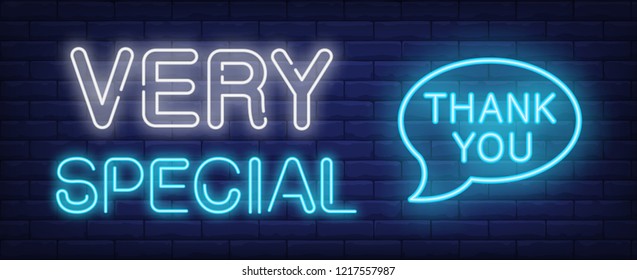 Very special thank you neon sign. Glowing neon inscription with thank you speech bubble on dark blue brick background. Can be used for postcards, banners, web sites